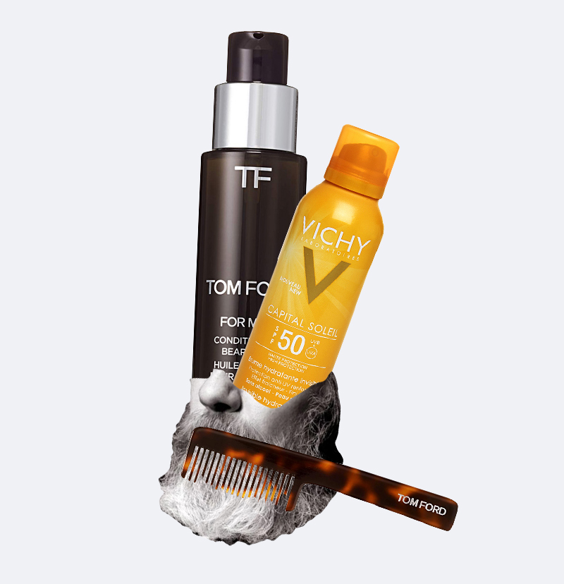 Кондиционирующее масло и расческа для бороды For Men, Tom Ford

Увлажняющий спрей Capital Soleil SPF 50, Vichy 
