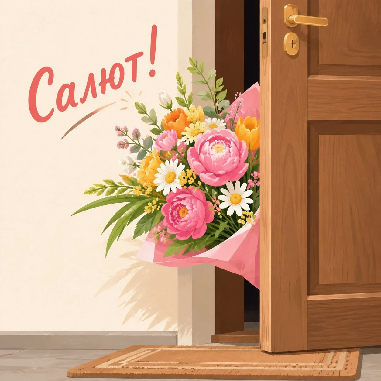 Прикольная открытка с надписью «Салют!» и букетом