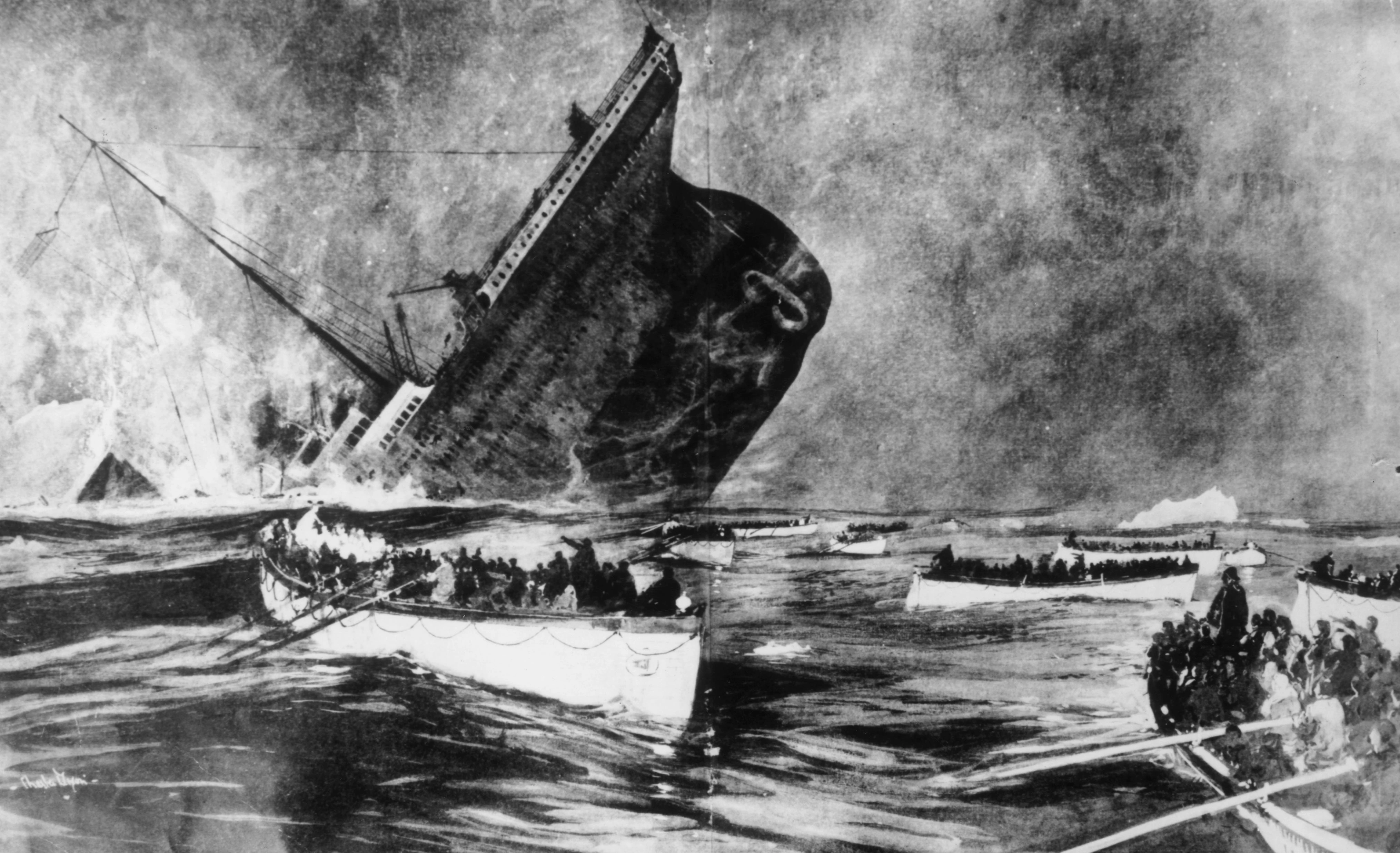 Выжившие наблюдают из спасательных шлюпок, как злополучный лайнер погружается под волны. Иллюстрация из газеты The Illustrated London News