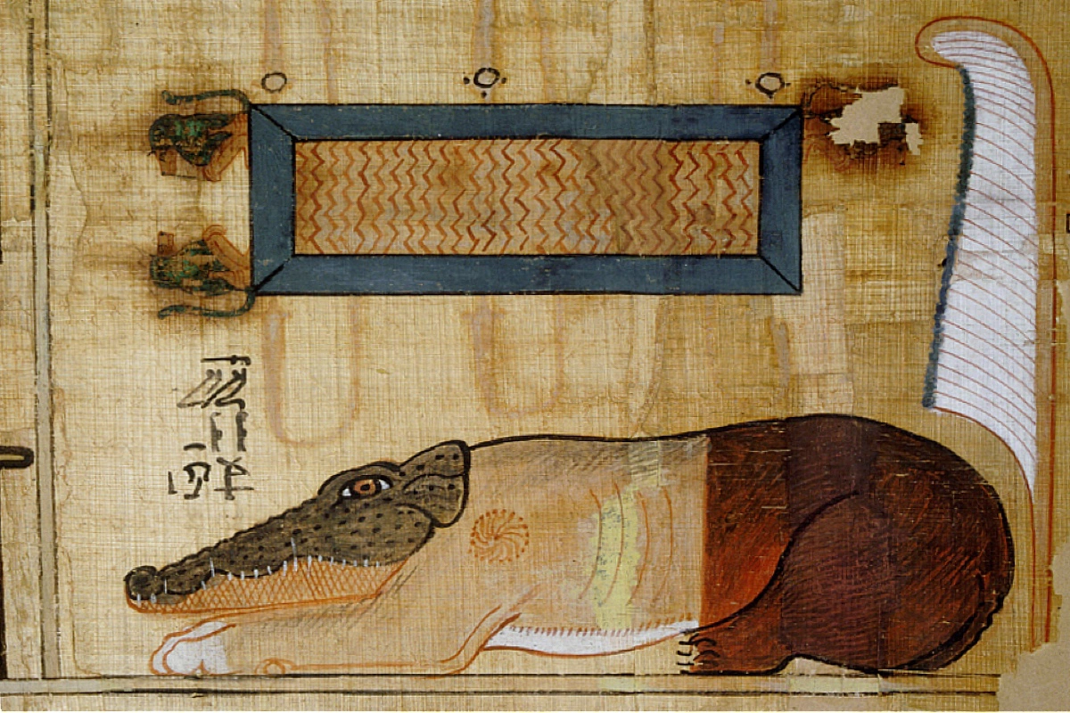 Фрагмент «Книги мертвых Небкеда». Чудовище Амат, «пожирательница мертвых», ждет, чтобы поглотить души недостойных. Начало — середина XVIII династии, приблизительно 1400 год до н.э. Лувр, Париж