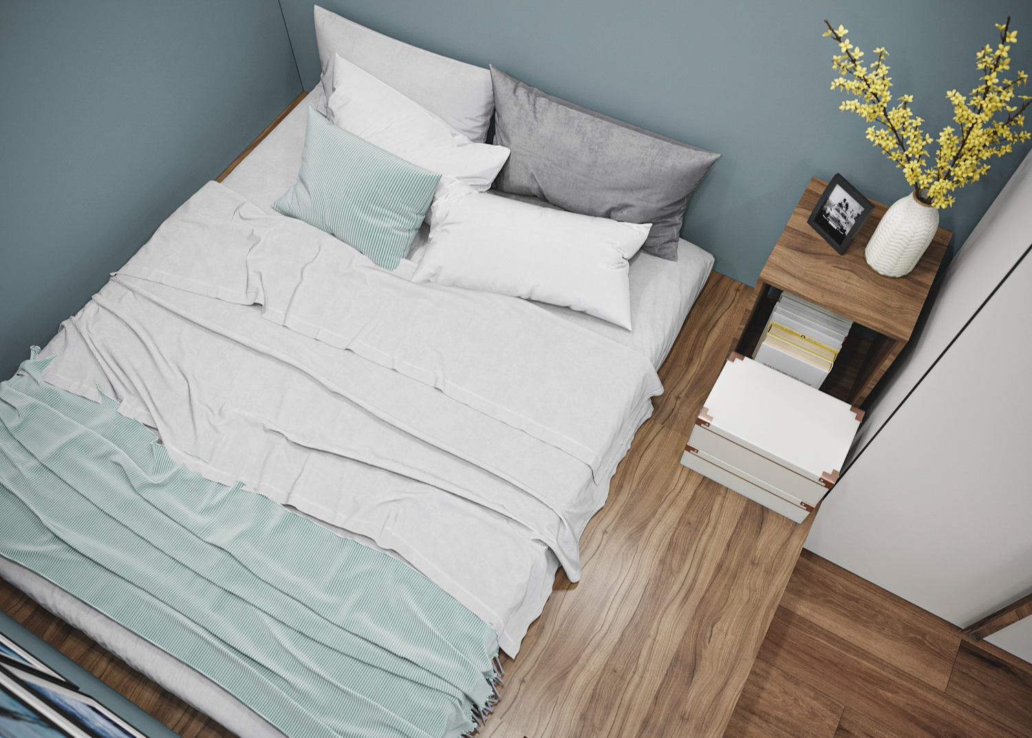 Главный плюс кровати-подиума – возможность создать дополнительные места хранения и расположение комфортного спального места в узкой вытянутой комнате