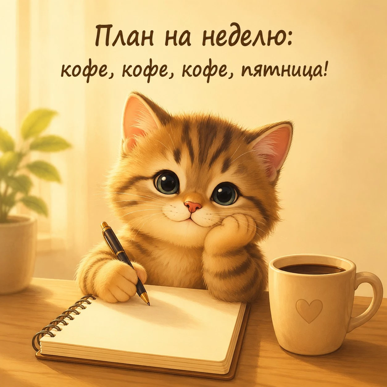 Прикольная открытка с котенком и планом на неделю