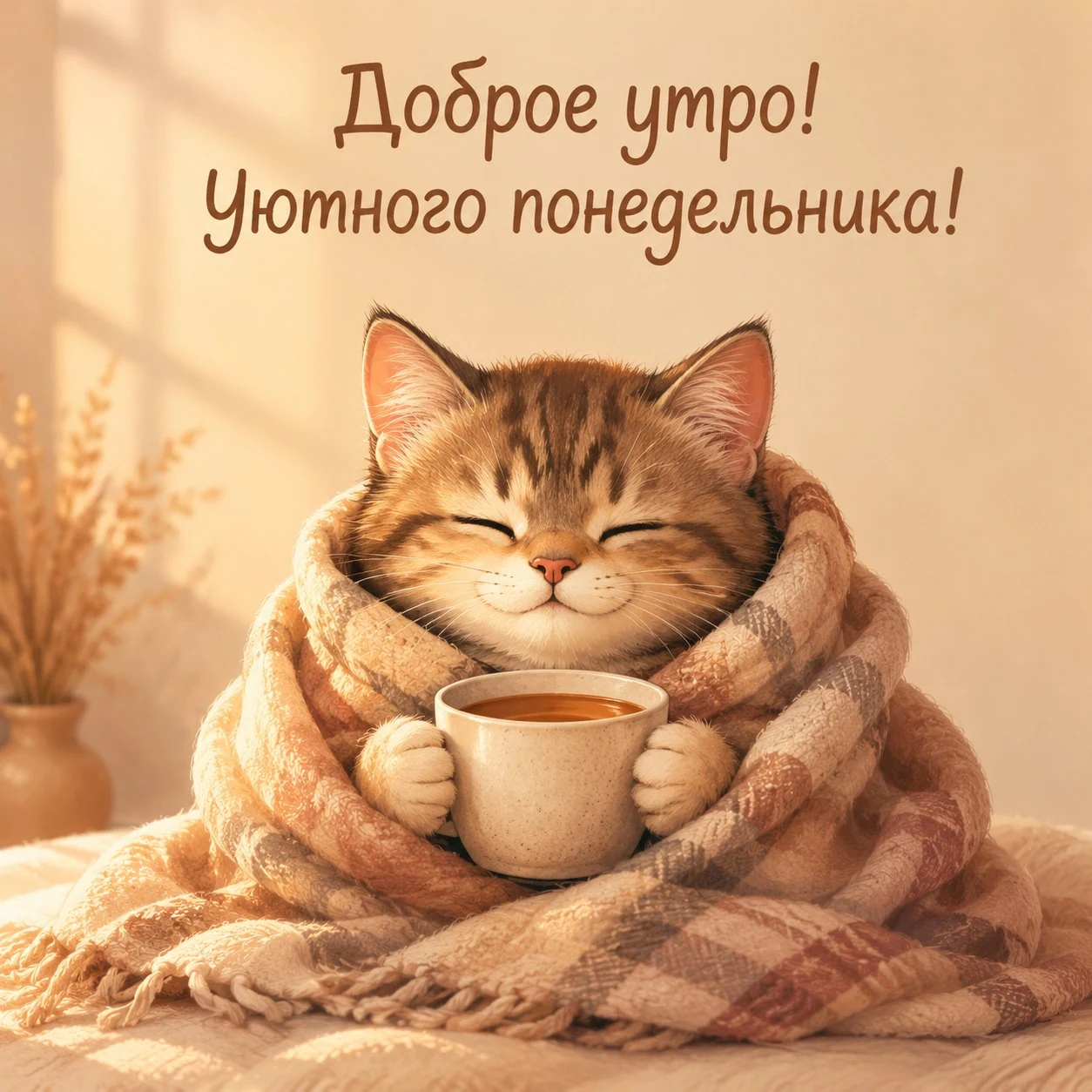 Милая открытка с котом и пожеланием уютного понедельника