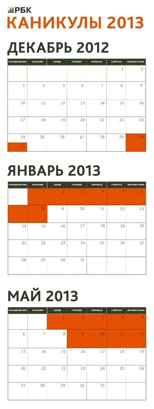 Зимой Россия будет гулять 10 дней подряд, в мае - 9 дней в два приема
