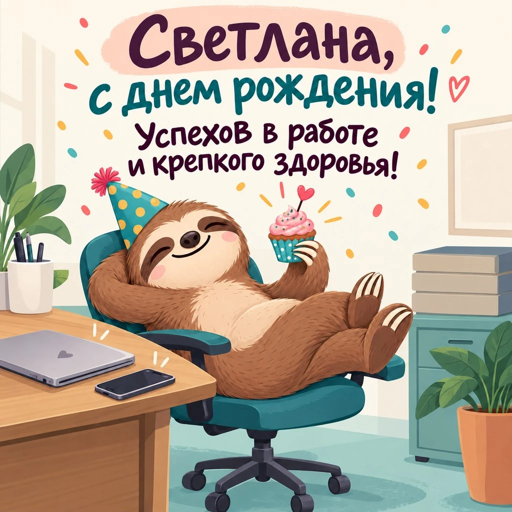 Смешная открытка с днем рождения Светлане с ленивцем