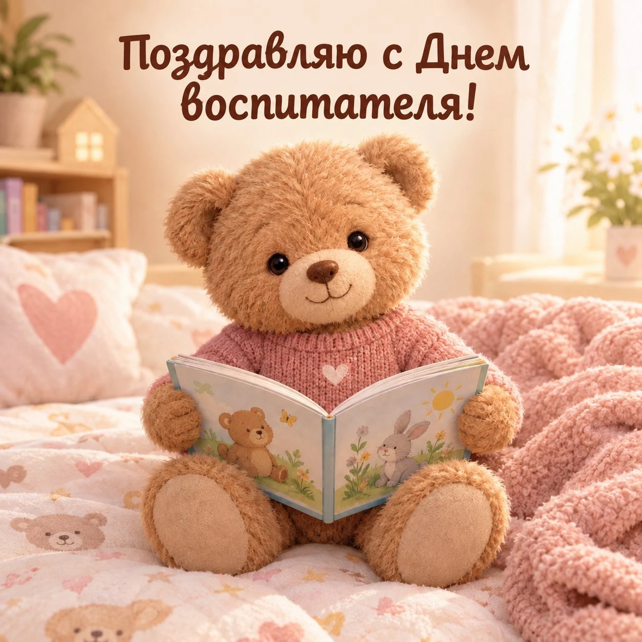 Нежная открытка с Днем воспитателя и плюшевым мишкой