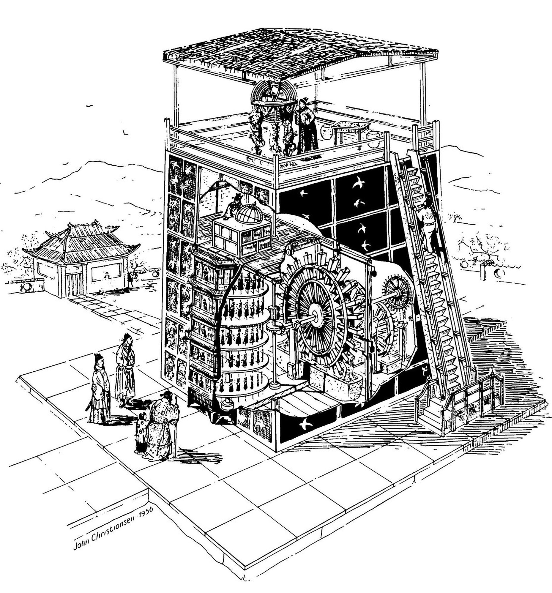 Башня с астрономическими часами Су Суна в Кайфэне, 1090 год (рисунок Джона Кристиансена; опубликовано в Bulletin — United States National Museum, 1877)