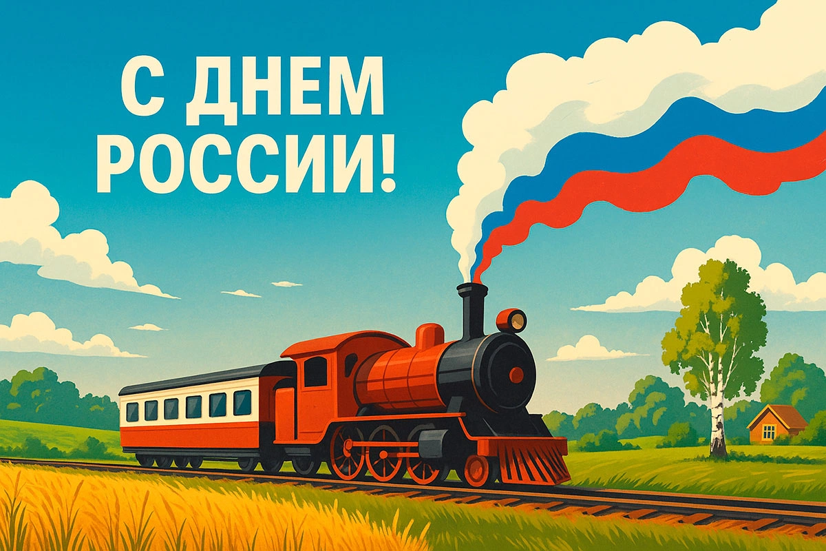 Открытка с Днем России с изображением паровоза