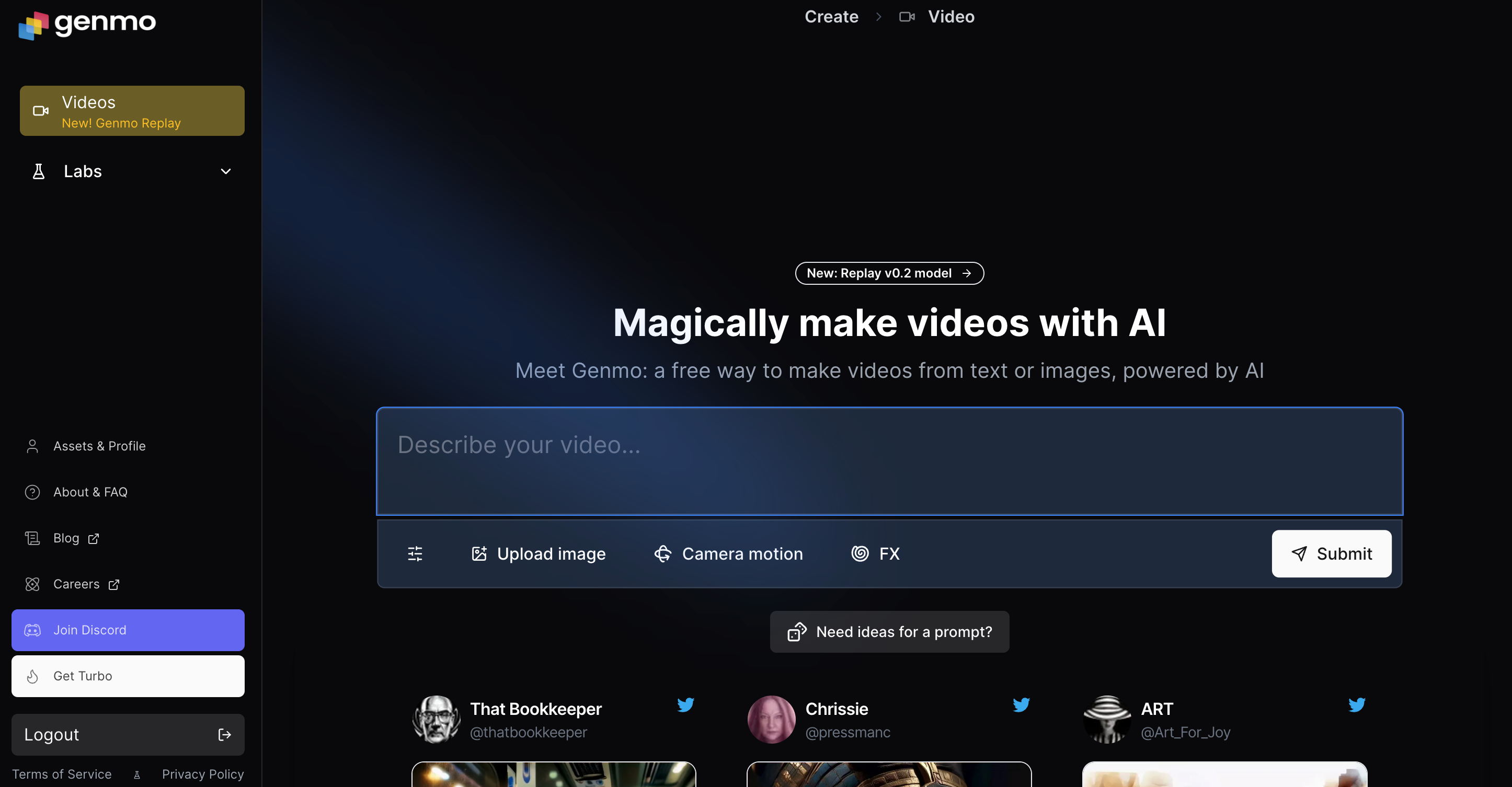 Интерфейс страницы сайта нейросети Genmo