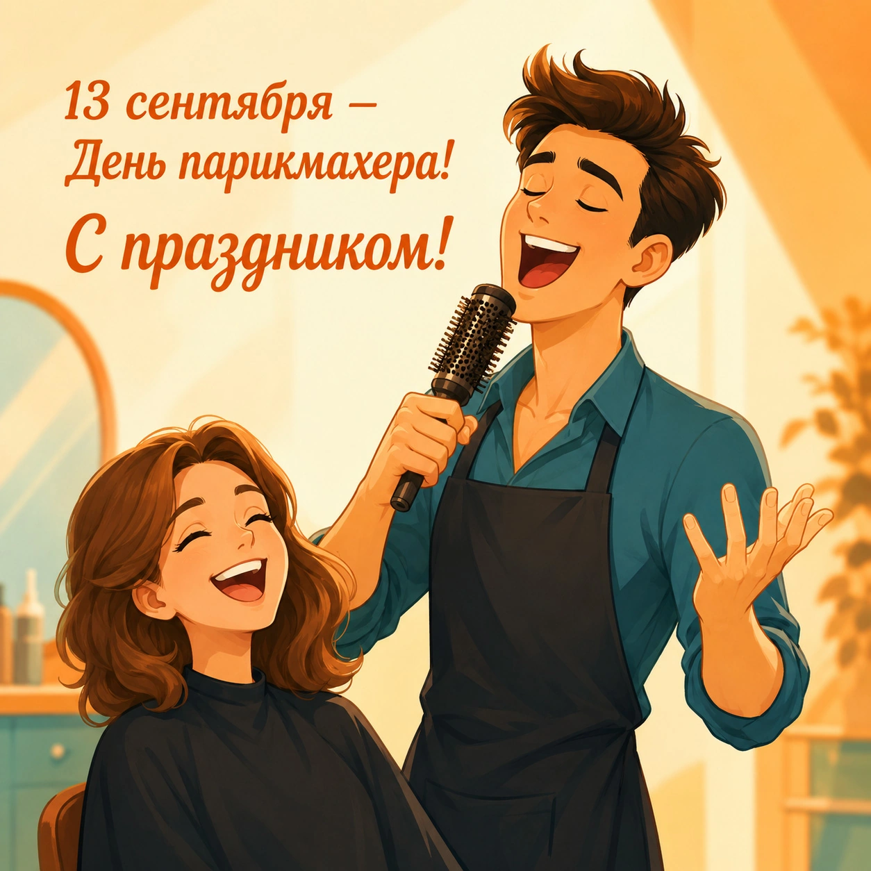 Прикольная открытка с надписью «13 сентября — День парикмахера! С праздником!»