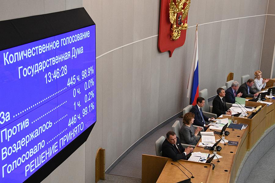 Электронное табло с результатами голосования о принятии закона о приостановлении действия соглашения с США об утилизации плутония, подписанного в 2000 году. За приостановку документа проголосовали 445 депутатов Государственной Думы России, один воздержался, 2016 год