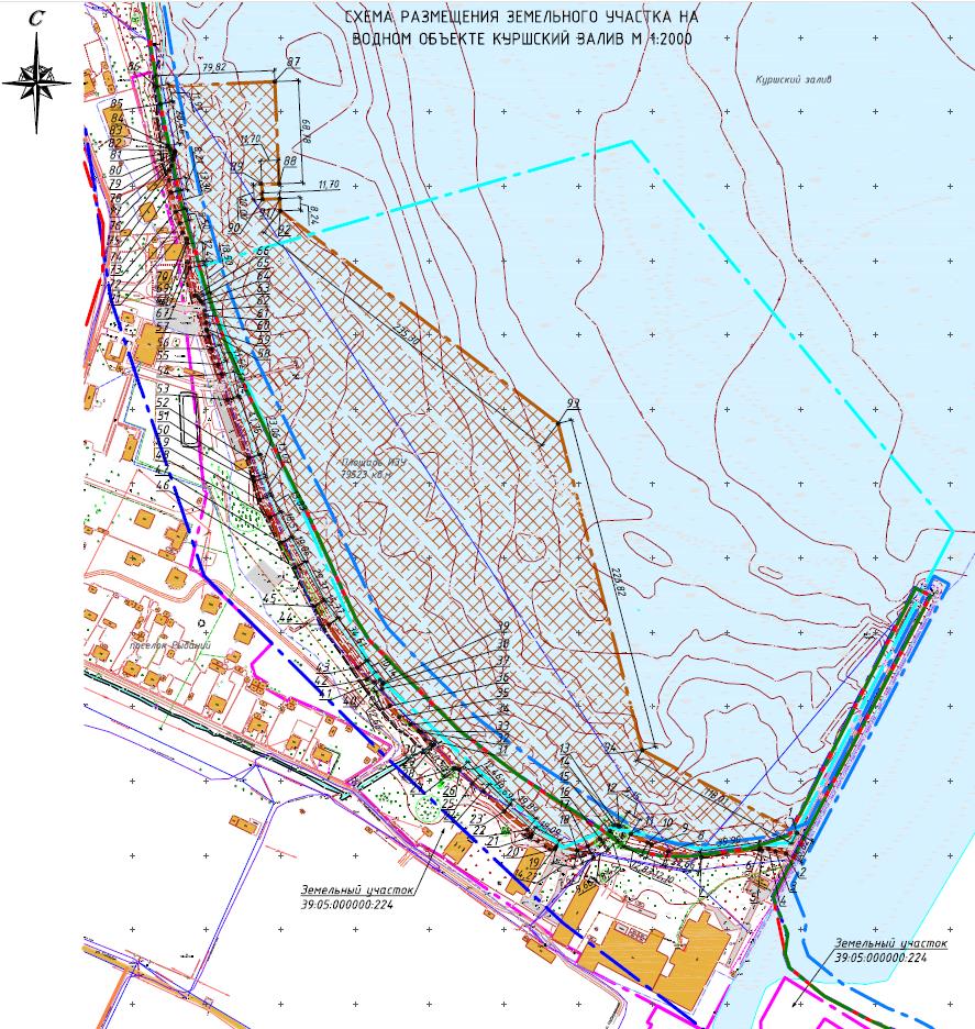 Коричневой сеткой отмечен участок, на котором будут возведены новые инженерные сооружения для защиты береговой полосы в акватории Куршского залива
