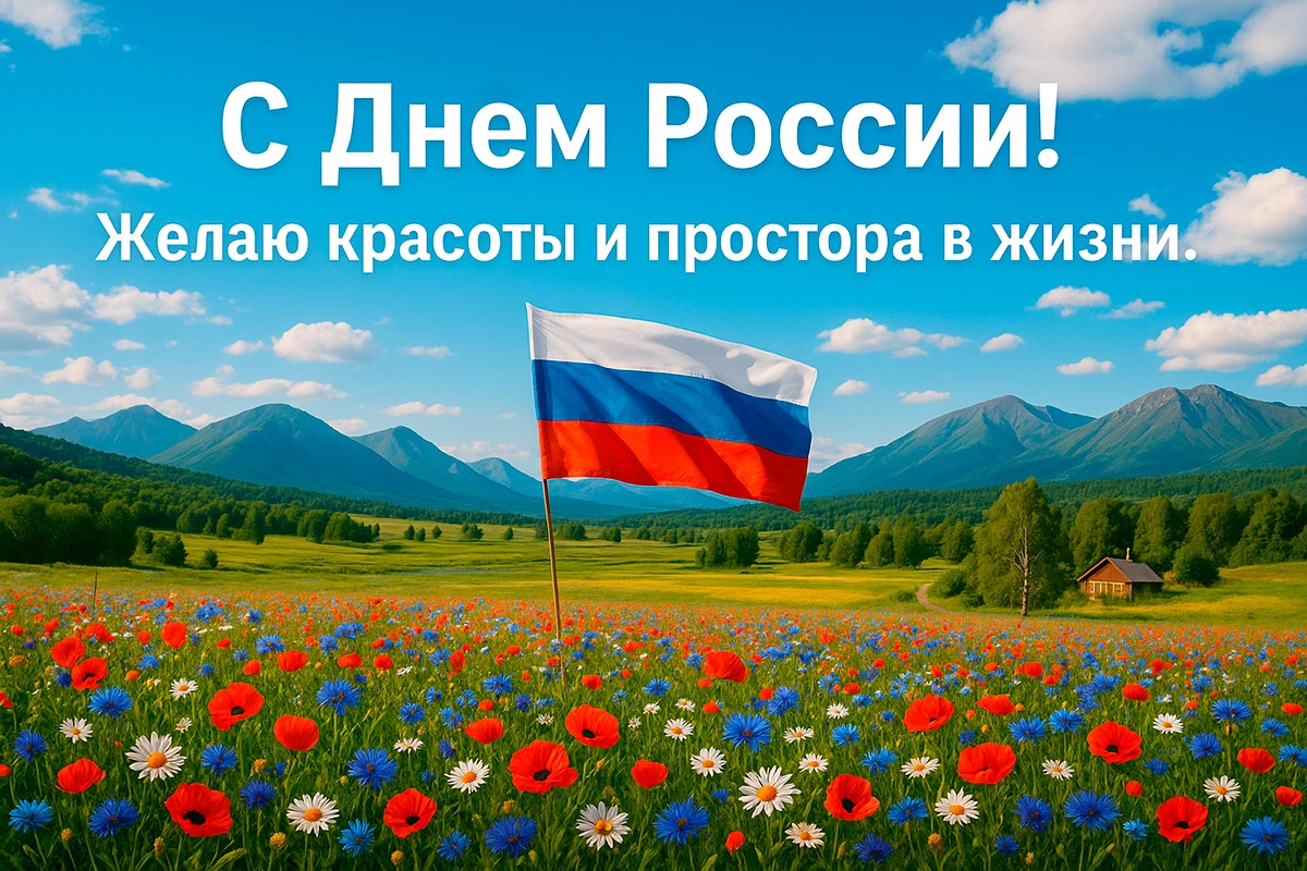 Открытка с флагом России в поле цветов