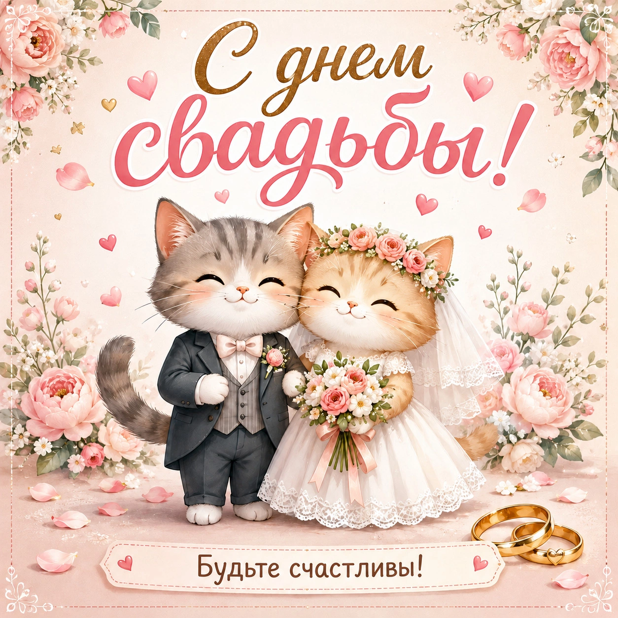 Прикольная открытка с днем свадьбы с котиками и пожеланием счастья