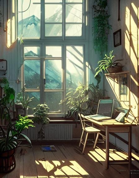 Внутренняя среда, дом, Макото Синкай и студия Гибли, нереальный мир, окно, письменный стол, растения, деревянный пол, тепло и уютно, гиперреалистично