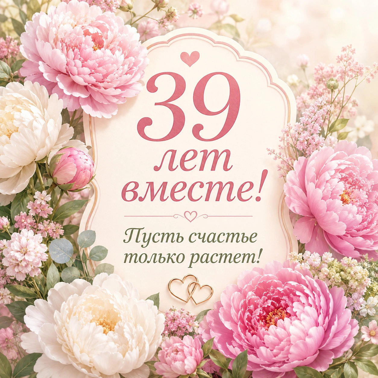 Нежная открытка с годовщиной свадьбы с надписью «39 лет вместе! Пусть счастье только растет!»