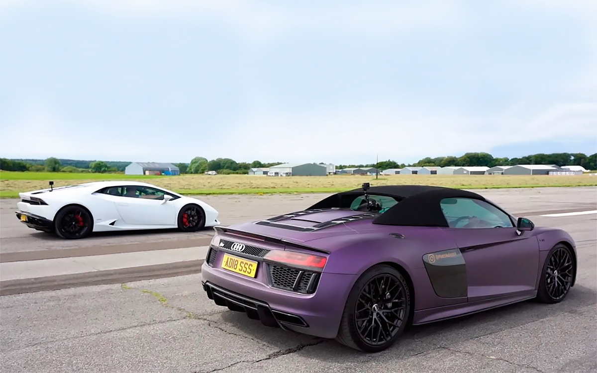 Гонку родстера Audi R8 и спорткупе Lamborghini Huracan показали на видео
