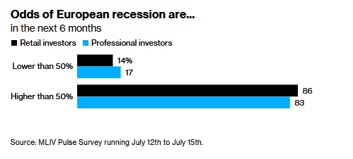 Абсолютное большинство опрошенных — как профессиональных участников рынка, так и розничных инвесторов — полагают, что вероятность наступления рецессии в Европе превышает 50%