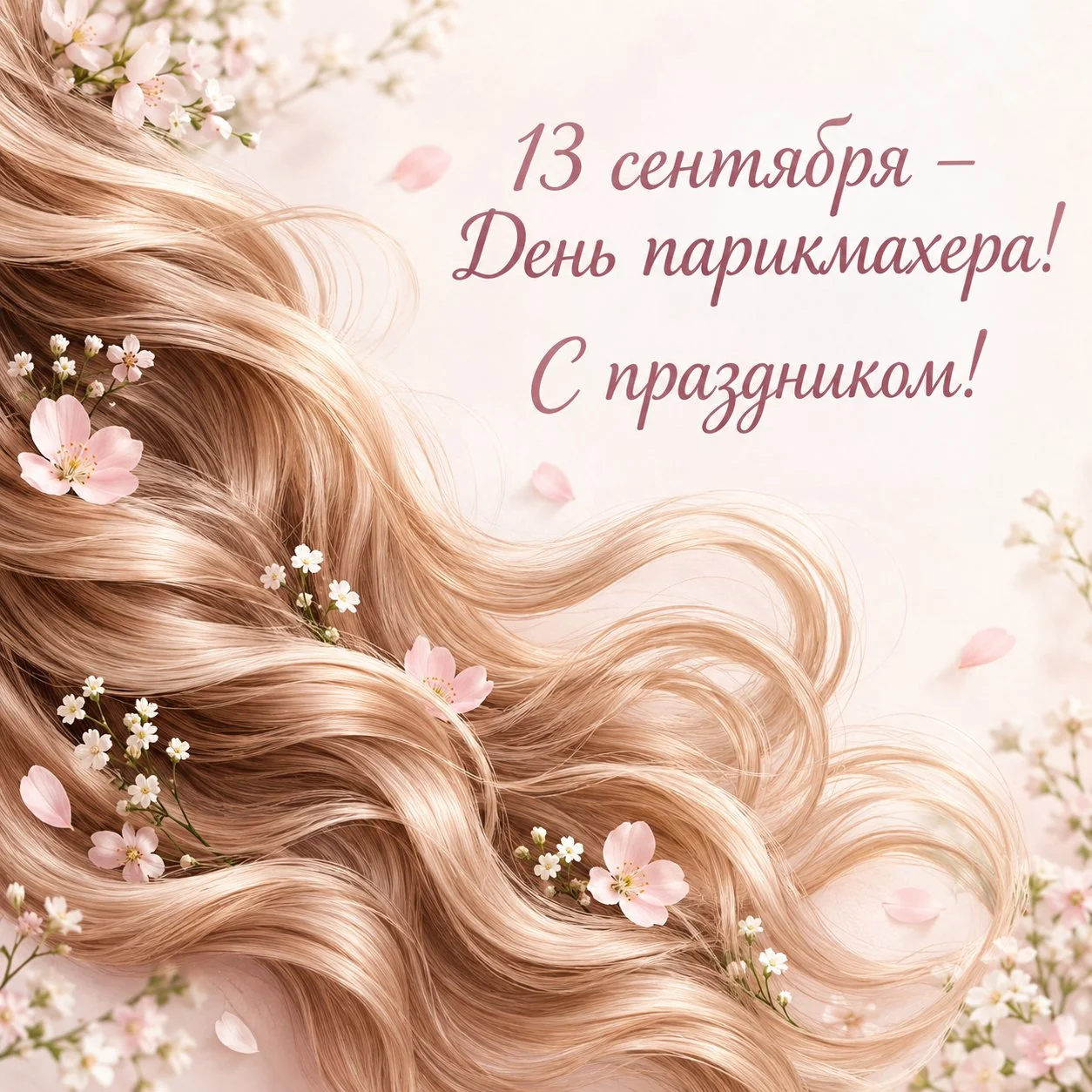 Нежная открытка с надписью «13 сентября — День парикмахера! С праздником!»