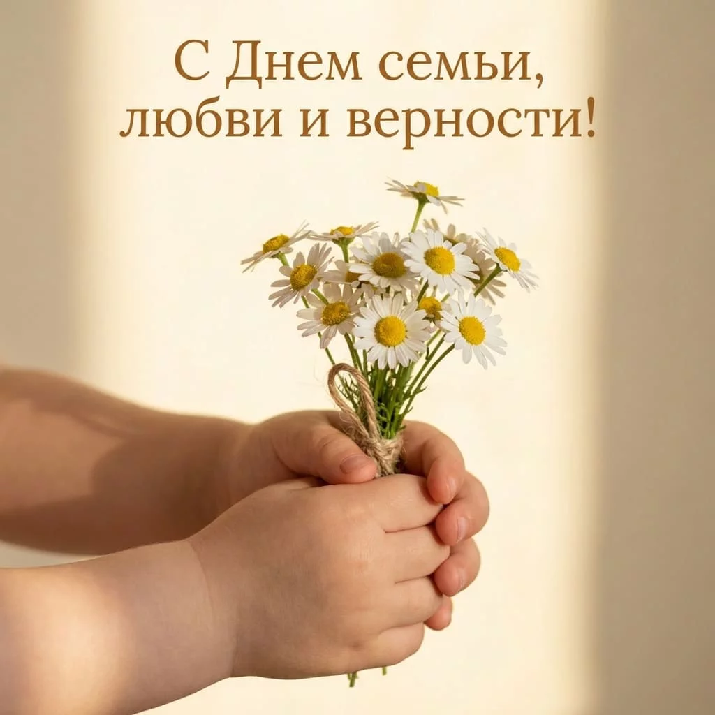 Нежная открытка с детскими руками, держащими букет ромашек, и надписью «С Днем семьи, любви и верности!»