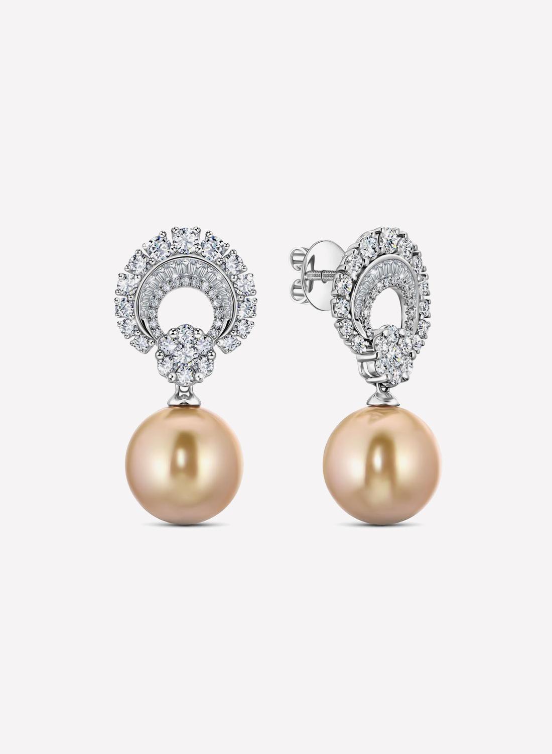 Серьги Royal Pearl, белое золото, золотистый жемчуг, бриллианты, MIUZ Diamonds