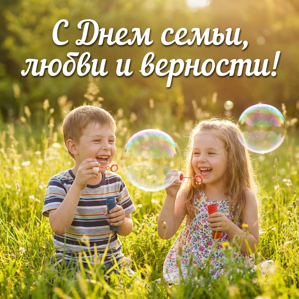 Солнечная открытка с детьми, пускающими мыльные пузыри на лугу, и надписью «С Днем семьи, любви и верности!»