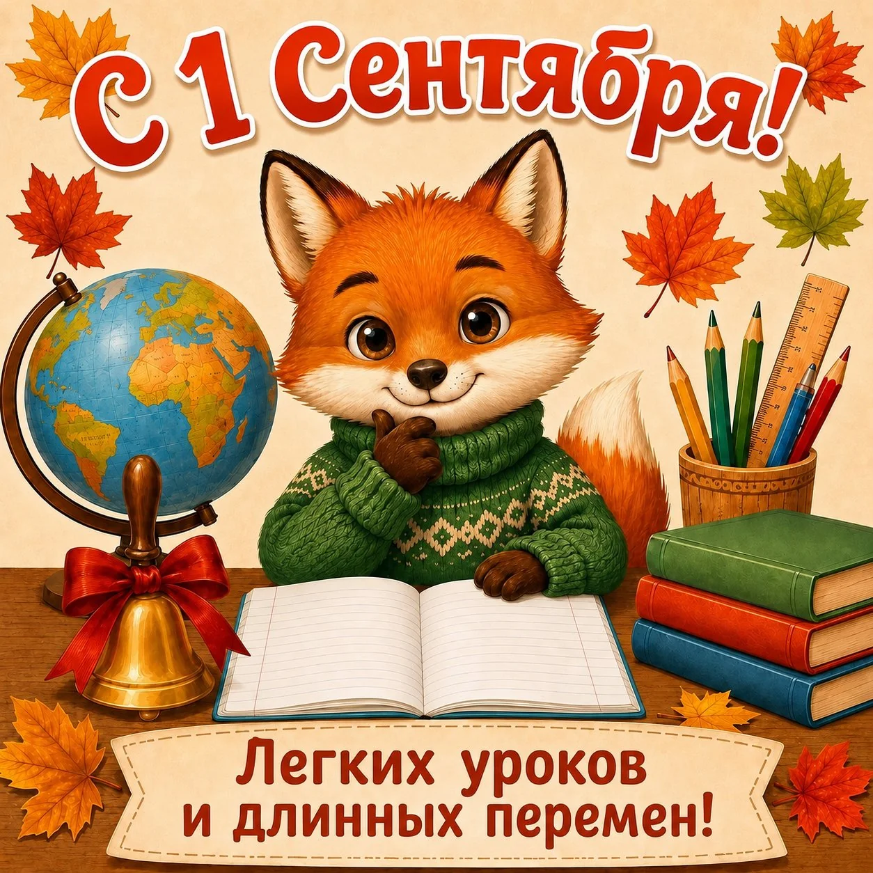 Красивая открытка с 1 Сентября ученикам с лисенком