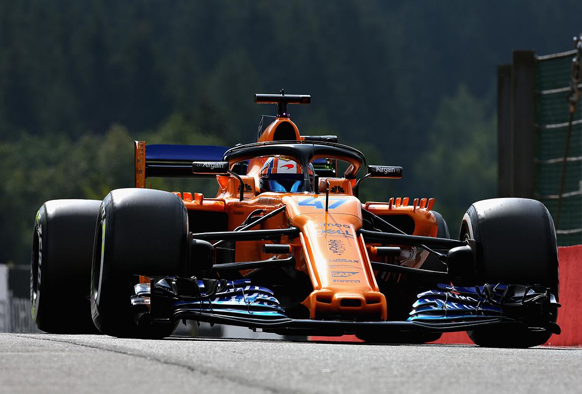Ландо Норрис&nbsp;за рулем McLaren F1 Team MCL33 Renault во время тренировки перед Гран-при Бельгии Формулы-1, 24 августа 2018 года