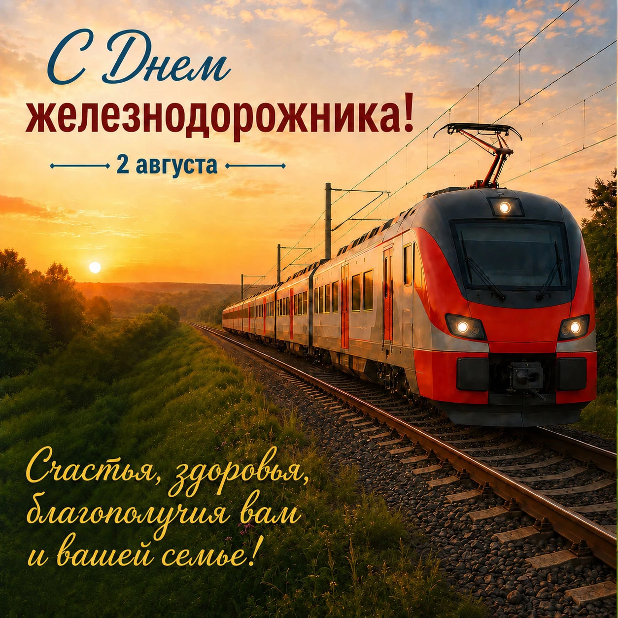 Открытка ко Дню железнодорожника с пожеланием счастья, здоровья и благополучия