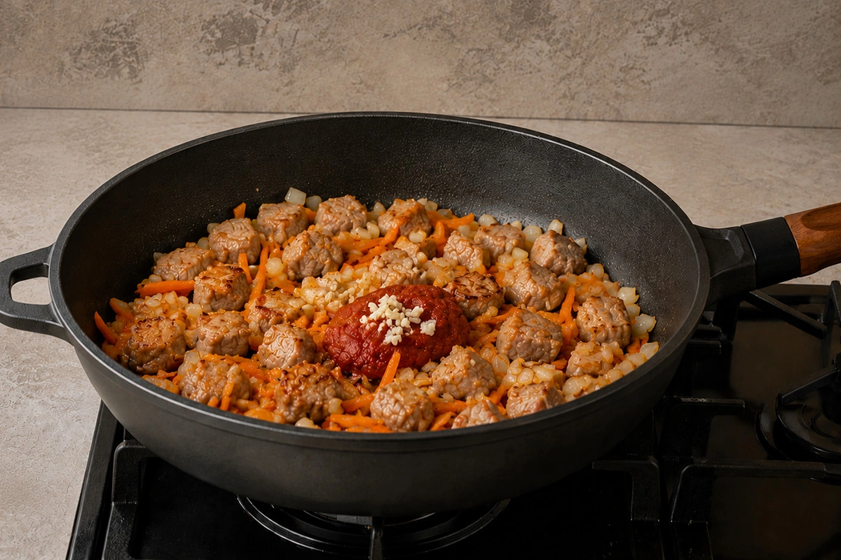 Обжарьте овощи и томатную пасту вместе с мясом