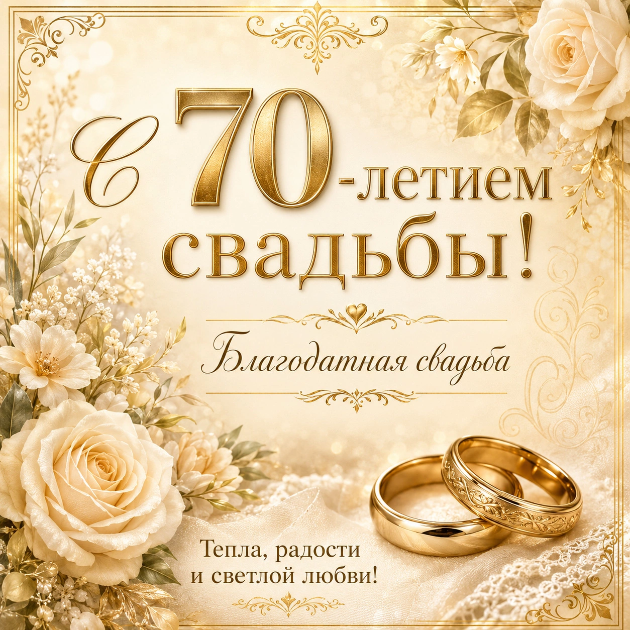 Открытка с 70-летием свадьбы и пожеланием тепла, радости и светлой любви
