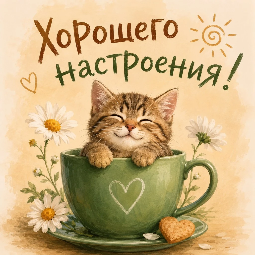 Открытка с котенком в чашке и пожеланием хорошего настроения