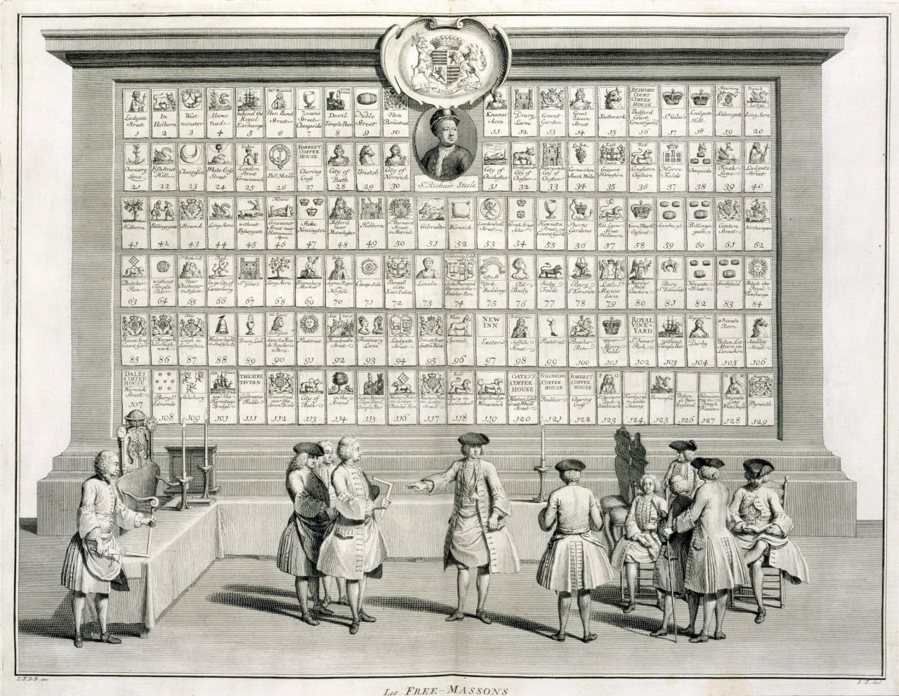 Масоны с вывесками различных лож, 1733 год.