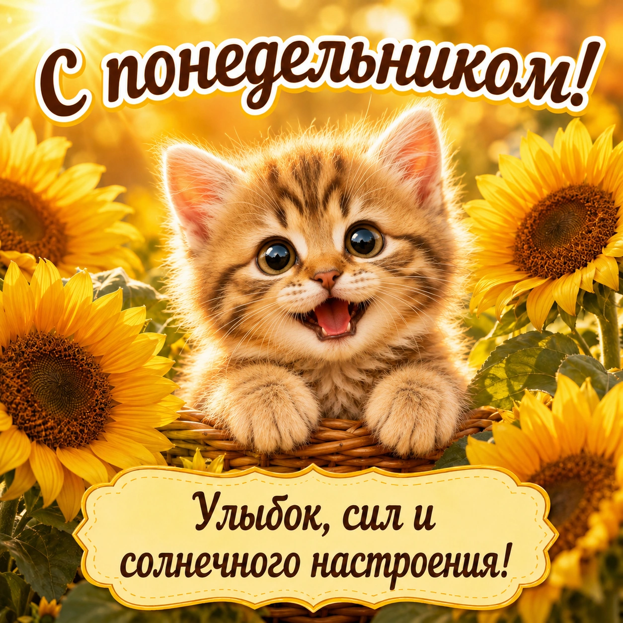 Милая открытка с котенком и пожеланием солнечного настроения