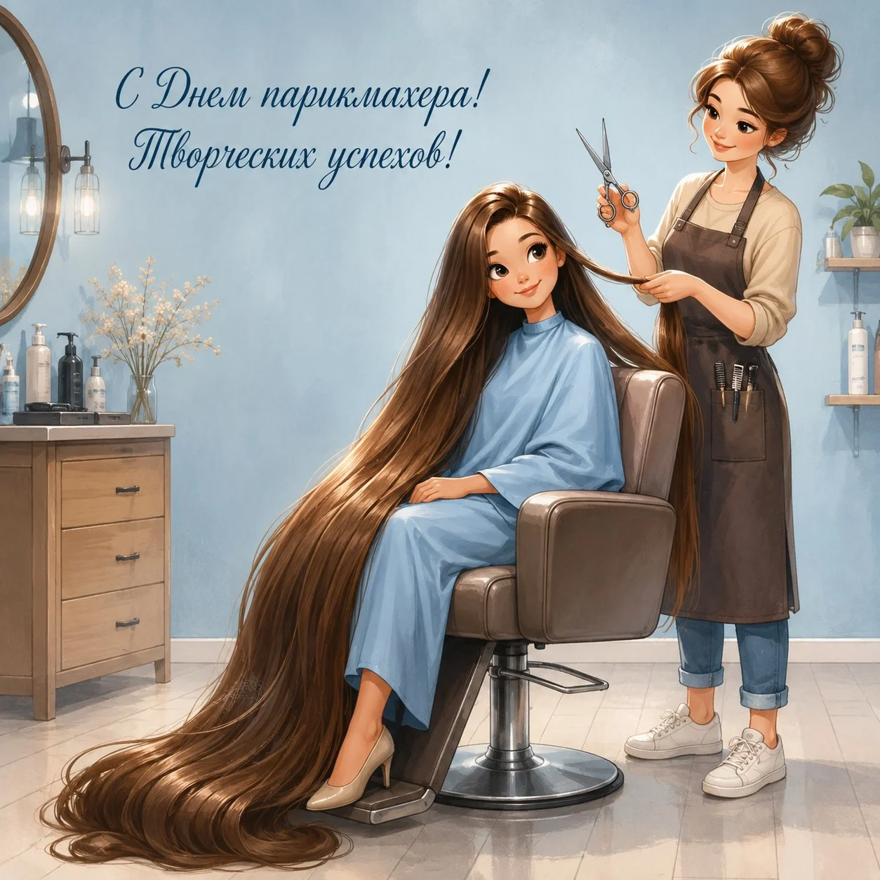 Милая открытка с Днем парикмахера и клиенткой с длинными волосами