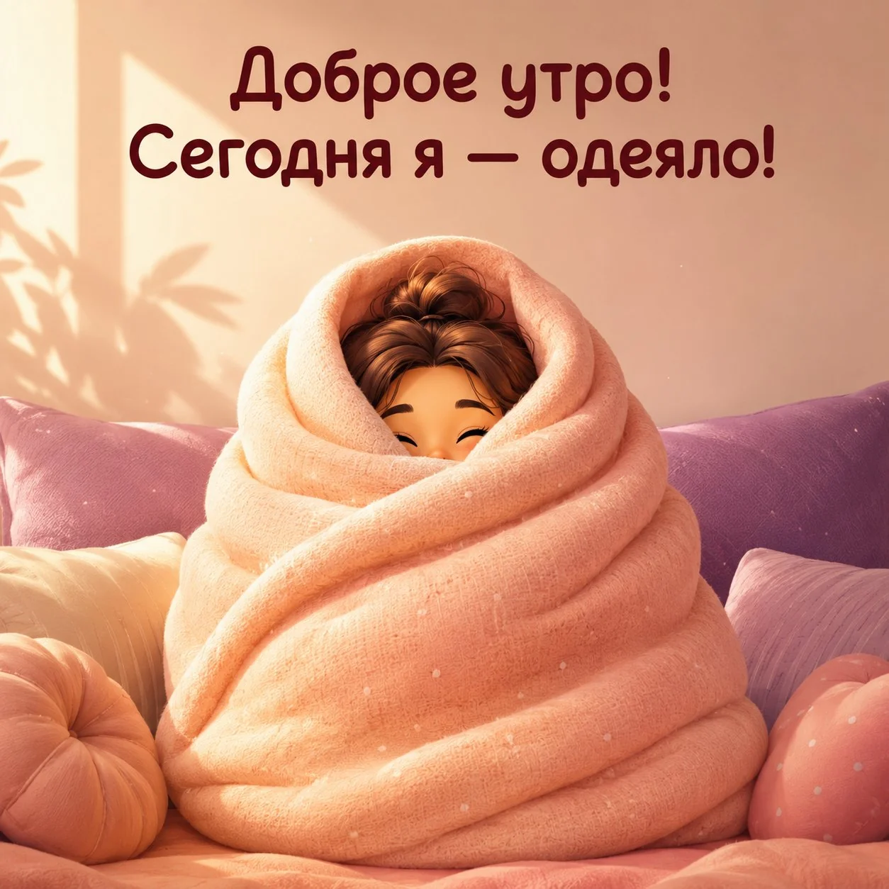 Смешная открытка с надписью «С добрым утром! Сегодня я — одеяло!»