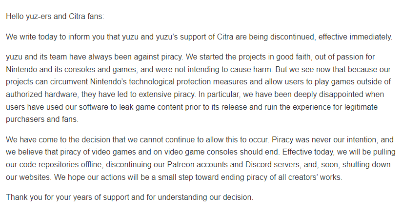 <p>Скриншот сообщения на сайте Yuzu о закрытии проекта</p>

<p></p>