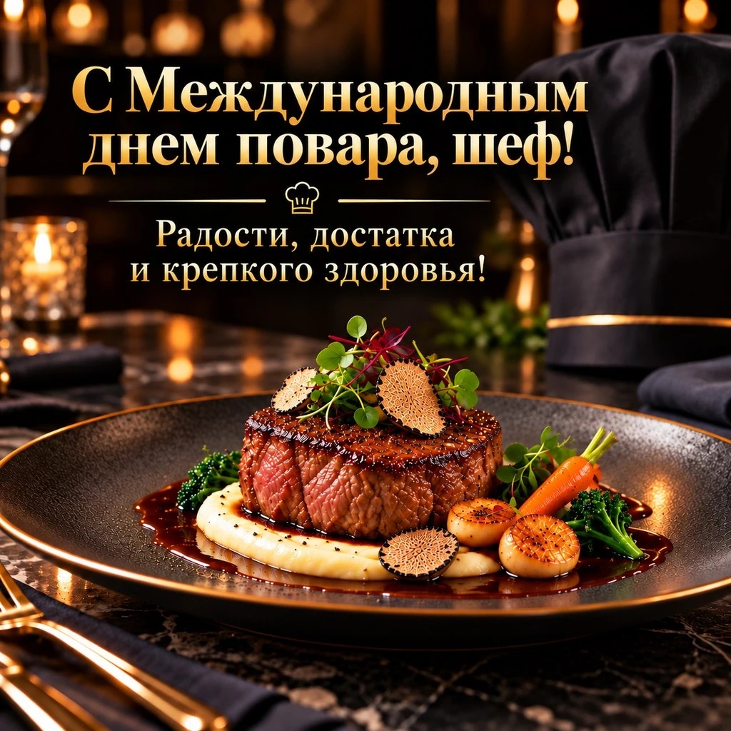 Красивая открытка к Международному дню шеф-повара с пожеланием радости и достатка