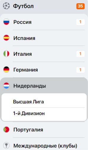Список стран и турниров. По клику на Нидерланды открылись два турнира, проходящих&nbsp;в стране