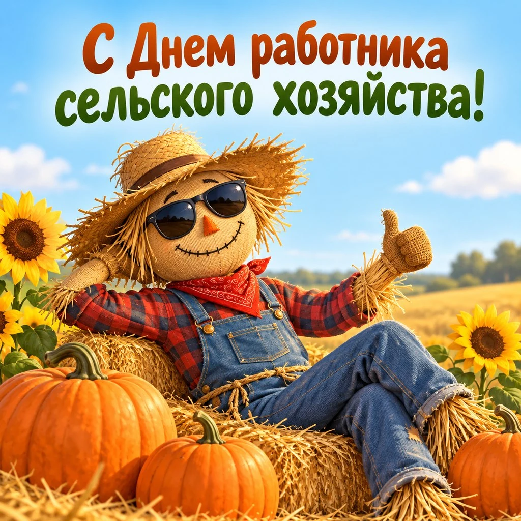Прикольная открытка ко Дню работника сельского хозяйства с пугалом на сене