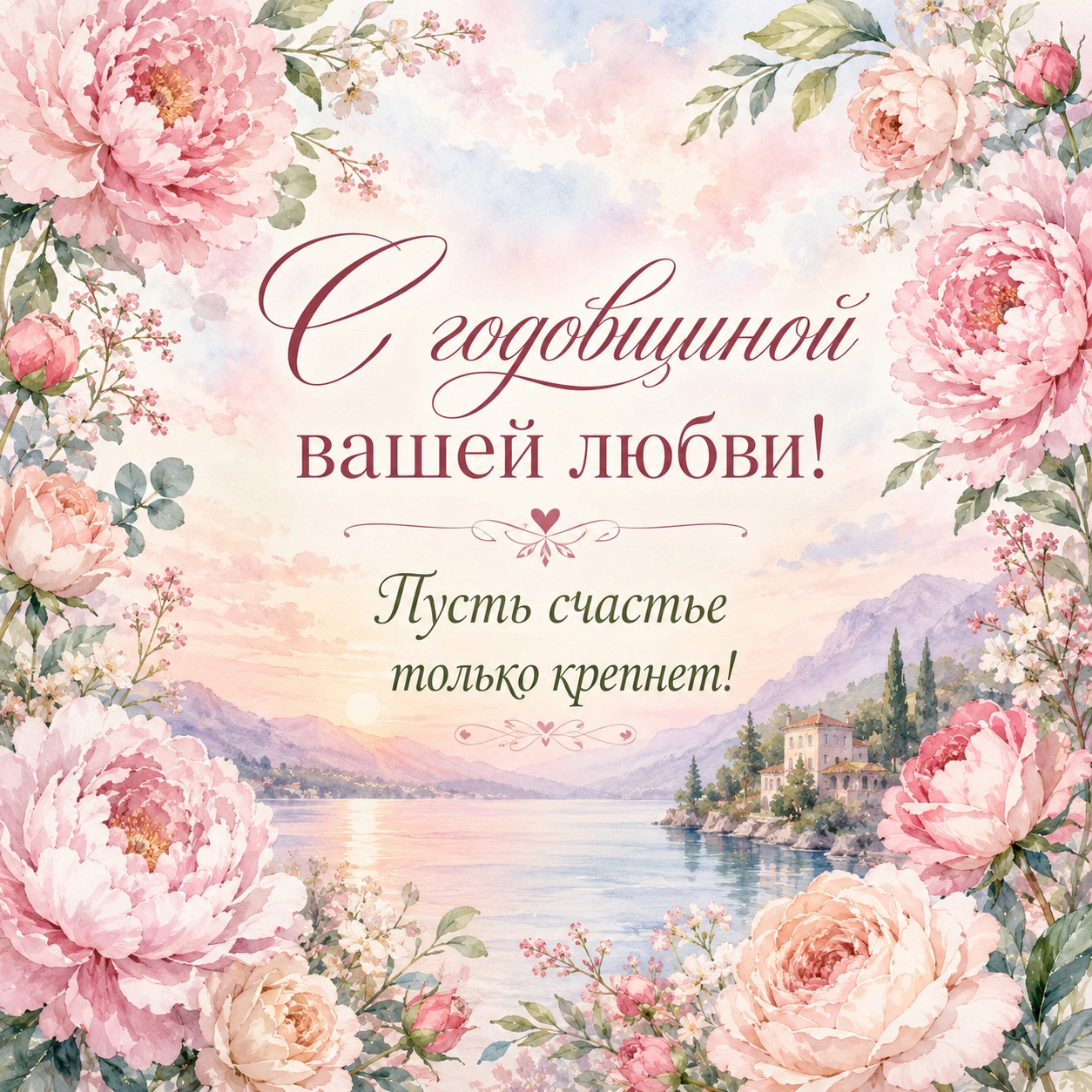 Красивая открытка с годовщиной свадьбы с пожеланием «Пусть счастье только крепнет!»