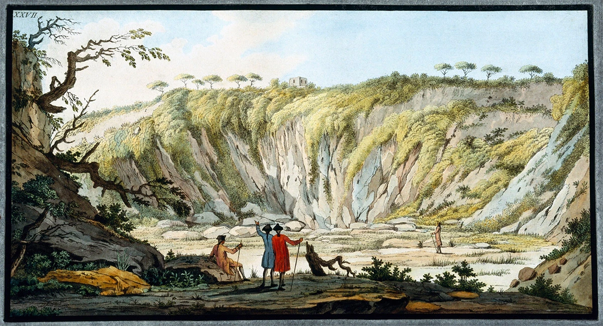 <p>На дне кратера Монте Нуово. Раскрашенный вручную офорт Питера Фабриса, 1770 год</p>