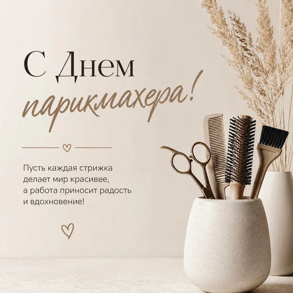 Стильная открытка с Днем парикмахера с пожеланием вдохновения