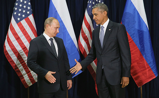 Президент России Владимир Путин и президент США Барак Обама (слева направо) во время встречи после 70-й сессии Генеральной Ассамблеи ООН