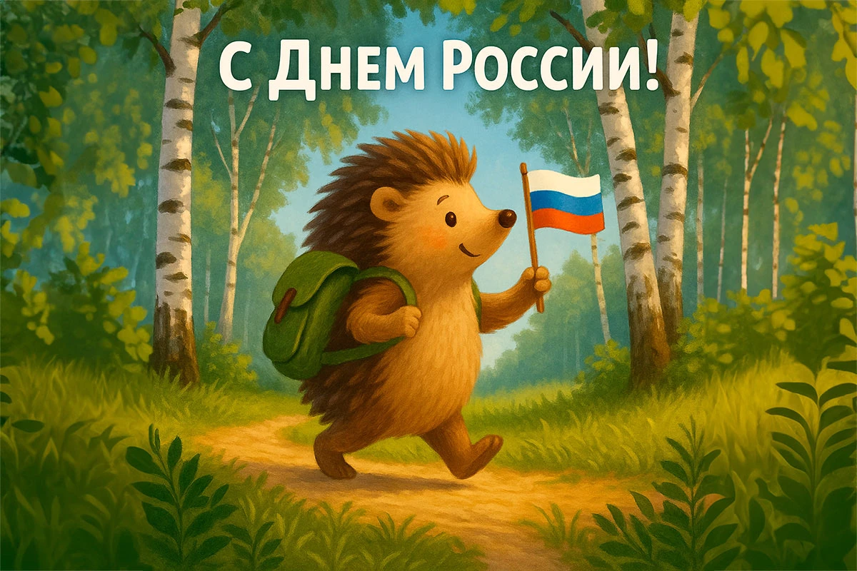 Веселый ежик идет в березовой роще