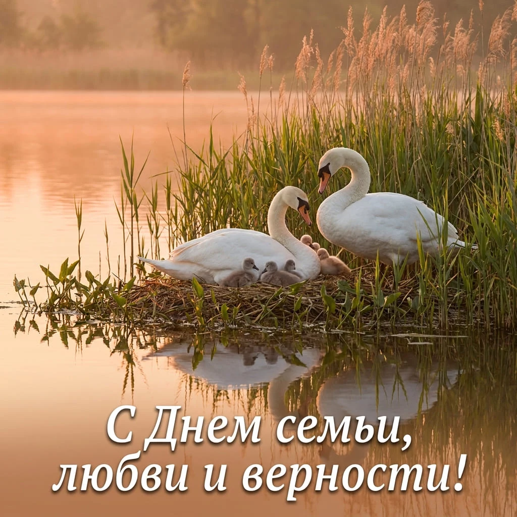 Нежная открытка с лебедями и надписью «С Днем семьи, любви и верности!»