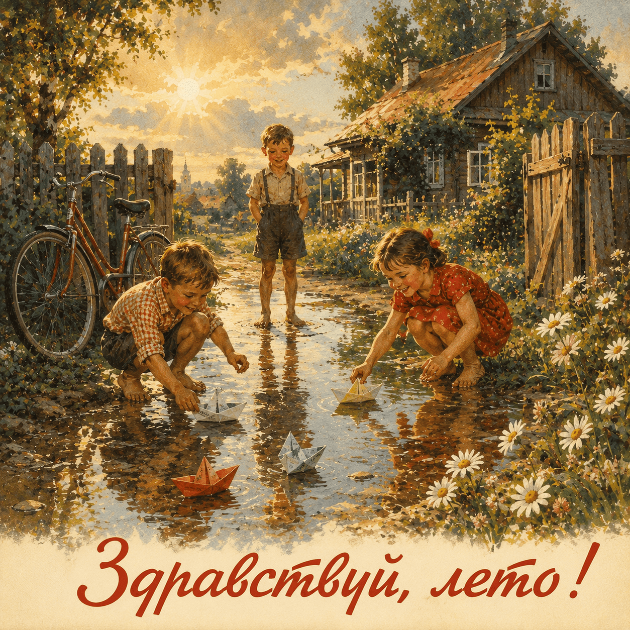 Открытка с детьми у деревенского дома и надписью «Здравствуй, лето!»
