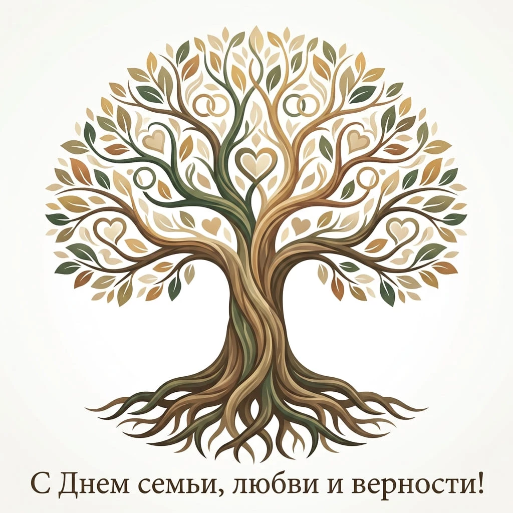Минималистичная открытка с поздравлением с Днем семьи, любви и верности и силуэтом семейного древа