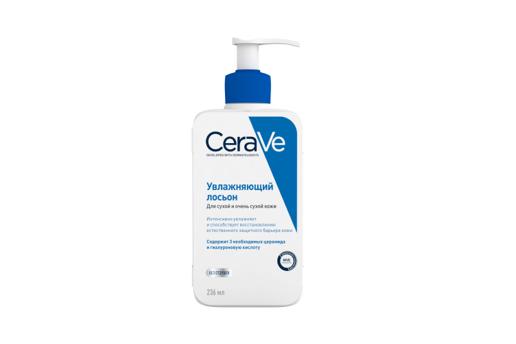 Увлажняющий лосьон для сухой и очень сухой кожи CeraVe благодаря комбинации 3-х основных церамидов (1, 3, 6-II), гиалуроновой кислоте и революционной технологии последовательного высвобождения ингредиентов MVE (MultiVesicular Emulsion Technology) быстро восстанавливает защитный барьер кожи, убирает шелушение и зуд, возвращая коже мягкость и гладкость