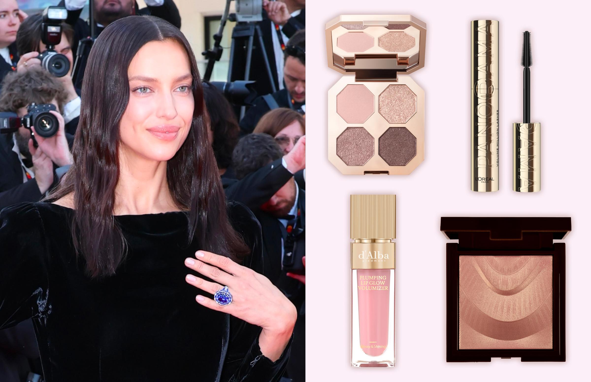 Слева: Ирина Шейк. Справа: палетка теней для век Dream velvet eyeshadow palette, Delicate, Dear Dahlia, 3930 руб. (Ozon); тушь для ресниц Volume Million Lashes Panorama, оттенок черный, L'Oreal Paris, 783 руб. (Лэтуаль); блеск-плампер для губ Plumping Lip Glow Mood Volumizer, оттенок Feeble Pink, d'Alba, 2475 руб. (Ozon); компактный хайлайтер для лица, оттенок 1 Prismatic Romance, Colorbar, 5880 руб. («Рив Гош»)